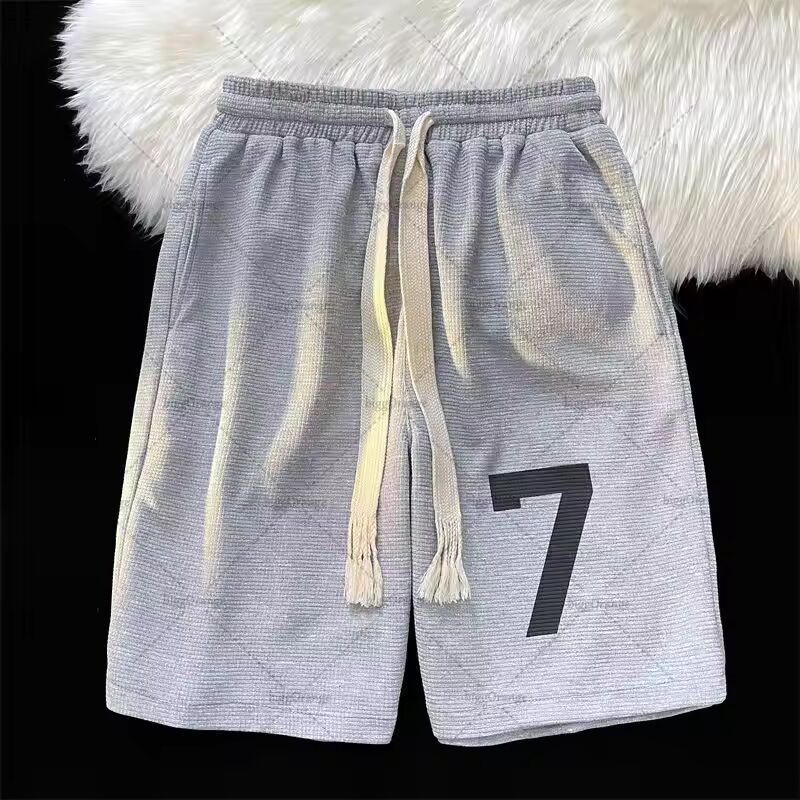 Casual Loose American Retro Clothing Trendy Brand Number 7 Oversized Sweatpants Hip-hop Street Punk Loose Waffle Shorts Men