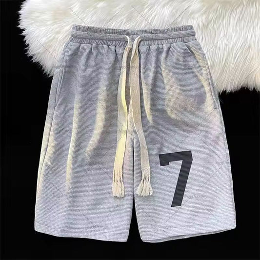 Casual Loose American Retro Clothing Trendy Brand Number 7 Oversized Sweatpants Hip-hop Street Punk Loose Waffle Shorts Men