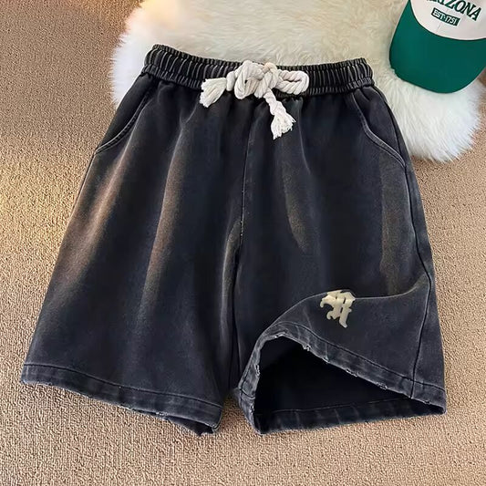 Gothic Washed Men Solid Color Shorts Plus Size Hip Hop Summer Casual Trunks Male Knee Length Short Pants